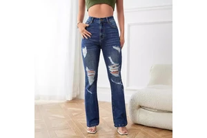 Custom Washed Dark Blue High Quality Elastic Distressed Wide Leg Baggy Ripped Straight High Waist Women's Jeans Wholesale