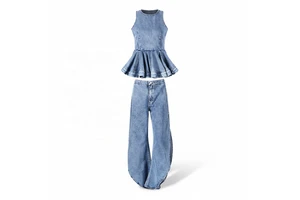 OUDINA New Casual Empire-Wais Sleeveless Ruffled Crew Neck Wide Leg Denim Sets Two Piece Jean Women's Set