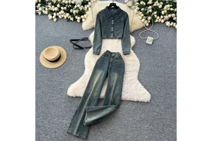 Two-Piece Denim Suit Women'S Short Long Sleeve Jacket + High Waisted Straight Trousers 2-Piece Set