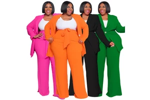 European and American Plus-Size Women's Fashionable and Stylish Professional Casual Long-Sleeve Long-Pants Tie Two-Piece Set