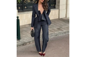 Women Notched Single Breasted Jacket Wide Leg Trousers 3 Pieces Sets Female Office Spring Chic Denim Tube Blazer Pants Suits