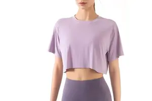 Wholesale Women's Loose Fit Cropped Yoga Top Short Sleeve Quick Dry Workout Shirt Casual Breathable Fitness Athletic Activewear