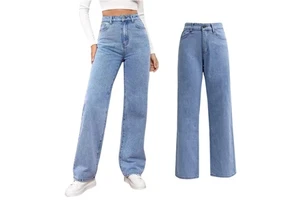 Vintage Women Straight Denim Pants Slight Stretchy Pockets Wide Leg Trousers High Waist Loose Lady Long Jeans
