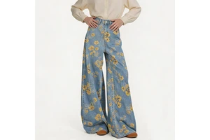 OEM/ODM Women High Waist Floral Print Wide Leg Jeans Y2K Baggy Straight Leg Denim Pants Loose Blue Wholesale