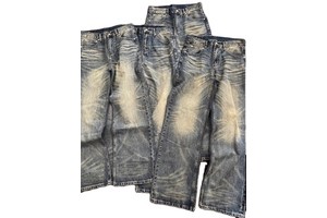 Green Water King Vintage Washed ODM Streetwear Distressed Solid Medium Cat Hair Cleanfit Straight Denim Pants Men Autumn Button