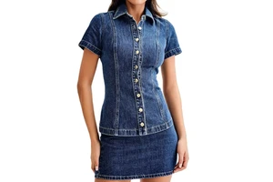 Women's Vintage Spring Summer Casual High Waist Denim Skirt Suit with Button Lapel Top and Short Sleeve