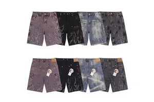 Custom Summer Men's Streetwear Distressed Denim Shorts, Vintage Diamond Loose Pickled Fully Rhinestone Design Men's Jeans