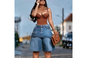ZHEZHE Women's American Style Vintage Denim Culottes High Waist Straight Summer Jeans with Button Detail