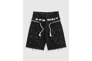 Men's Black Washed Rhinestone Jorts Graphic Letter Print Frayed Hem Denim Shorts with Rope Belt Y2K Streetwear Wholesale