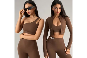 2026 New Arrival Yoga Set 3pcs Women High Waist Flare Leggings One Shoulder Top Slim Fit Zip Jacket Athletic Suit