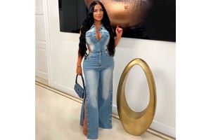 High-Waist Straight Leg Denim Overalls Euro-American Women's Slim Fit Stretch Washed Loose Jumpsuit