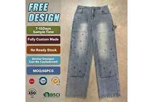 Men's Acid Washed Double Knee Baggy Jeans Distressed Cargo Denim Patch Stitching Vintage Hip Hop Y2K Dark Autumn Rivet