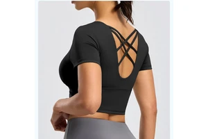 Customized Back Cross Shoulder Strap High Elasticity Slim Yoga Short Top, Quick Drying Breathable Yoga Top