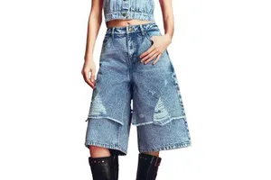 Men's Women's Autumn Streetwear Fashionable Solid Color Straight Denim Shorts Multi-Pockets Breathable Mid Waist High Street