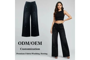 Black Color High Waist Flare Denim Pants Women's Wide Leg Jeans with Sparkling Sequined Pattern