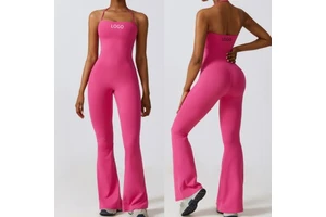 Aoyema Women Beauty Back Yoga Jumpsuit Lady Scrunch Butt Bell Bottom Gym Bodysuit Female Halter Strap Low Neck Sports Tracksuit