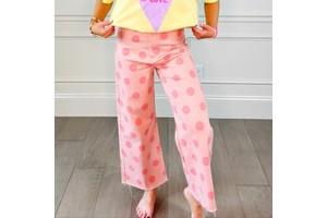 Custom Women's Big Polka Dot Stretch Blush Jeans High Waist Raw Hem Casual Wide Leg Pants Manufacturer