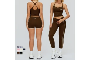 Women's Yoga Clothes Set Breathable Seamless Fabric 5-Piece Outdoor Running Pants Contrast Colors Hollowed Back Tops