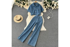 Denim Suit Women's Short Lapel Top Retro Casual High Waisted Wide Leg Trousers Two Piece Set