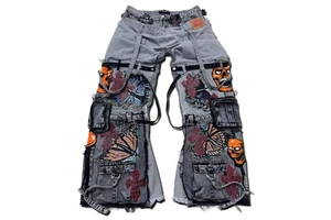 Men's Distressed Cargo Jeans Plus Size PUNK Style Embroidered Butterfly Skull Patch Pocket Loose Fit Mid Waist Cotton Pants