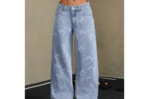Women's Stylish Bow Print Wide-Leg Denim Jeans with Hole Button Zippers Woven Fabric Straight Casual Style