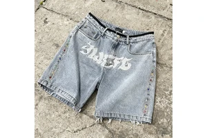 OEM ODM High Quality Custom Distressed Embroidery Logo Vintage Washed Summer Straight Breathable Dark Woven Mid Denim Shorts Men