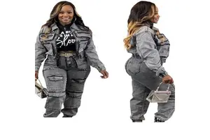 New Casual Suit Stretch Multi-pocket Washed Denim Set for Women