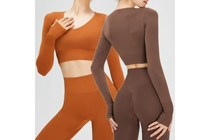 SHINBENE Padded Women V Neck Seamless Knit Yoga Fitness Long Sleeves Cropped Top Shirts