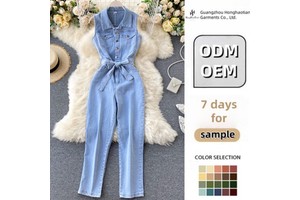 ODM OEM Custom Retro Buckle Ties Waist Straight Wide Leg Pants Denim Woman Jumpsuit