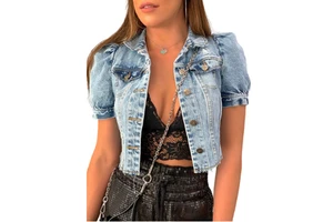 2023 Fashion Custom Blue Frayed Detailing Cropped Hem Washed Women Denim Jean Jacket for Ladies