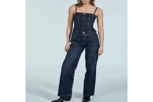 Custom New Autumn Women's Chic Vintage Side Pockets Jeans Jumpsuit High Denim Belt Washed Technique New Chic Fashion Play Suits