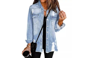 Women's Oversized Vintage Denim Jean Jacket Long Sleeve Casual Fall Outfits with Cotton Filling Button Decoration Woven Jacket