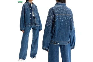 Women Blue Denim Jacket With Multiple Zipper Accents Cropped Jean Coat Moto Style Outerwear Fashion Ladies Long Sleeve Jacket