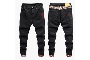 Top Fashion Men's Denim Jeans Pants Trousers Black Plus Size Vintage Slim Washed Technique Waist Colorful Combined Fabric Cut