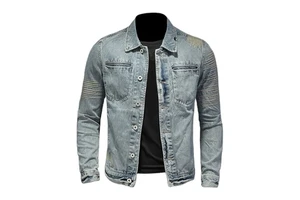 KIC STAR FASHION INDUSTRY Men's Coated Washed Denim Jacket 100% Cotton Distressed Blue Winter Casual Vintage Breathable Front