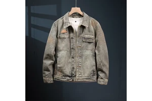 OEM Custom Autumn Men's Denim Jackets & Coats High Quality Cotton Pockets With Zipper Vintage Heavy Washed Jeans Tops
