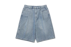 Custom Light Blue Men's Straight Wide Leg Short Jeans High Quality Heavyweight Streetwear Jorts With Printing Design