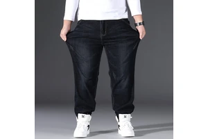 Men Blue Big Large Plus Size Mens Jean Elastic High Waist Man Loose Straight Denim Pants Trousers Jeans