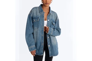 Women Oversized Denim Jacket Vintage Blue Stone Wash Shacket Streetwear Wholesale Loose Fit Outerwear Coat Custom Retro