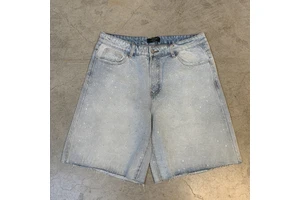 OEM ODM Custom Embroidery logo Vintage Washed Jorts Men's Allover Rhinestone Faded Denim High Quality Raw Edge Jean Shorts
