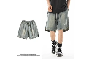Men's New Fashion Casual Woven Denim Shorts Distressed Mid Waist Straight Style Loose Fit for Summer