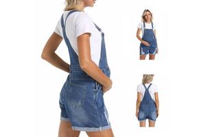 Fashion Women's Casual Summer Breathable Solid Polyester Knitted Regular Fit Above Knee Strap Ripped Roll Hem Denim Overalls