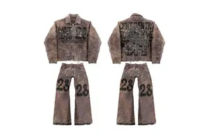 Men's Vintage Denim Jacket and Jeans Set, Embroidery Patchwork Design, Retro Streetwear Outfit, Customizable, Factory Direct