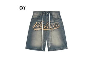 CXY men's Straight Fit Denim Shorts with Hotfix Rhinestones - Soft Durable Vintage Wash Jean Shorts for Summer Casual Wear