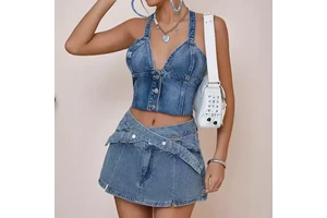 New Arrival High Quality Women's Denim Suit Sexy Suspender Crop Top A-Line Mini Skirt Acid Wash Faded Denim Women's Suit
