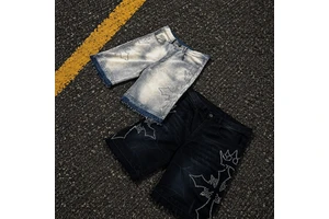 Custom Men Jean Shorts 100% Cotton Short Denim Shorts Rhinestones Logo Streetwear Shorts Vintage Wash Jeans Jorts for Men
