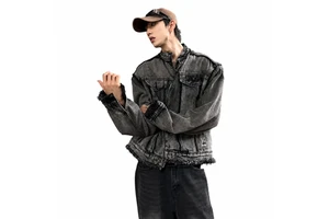 Men's Vintage Washed Denim Jacket Shoulder Pad Stand Collar Zip up Fringed Hem Distressed Jean Coat Streetwear Outerwear