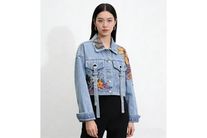 High Quality Women's Denim Jacket Blue Vintage Casual with Full Sleeves Fashion Washed Technics