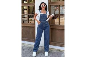 Women's Casual Summer Solid Pattern Vintage Breathable Dark Stone Blue Denim Jumpsuit Bib Overalls Button Decoration Loose