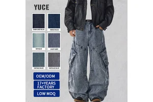 New Custom Retro Wide Leg Jeans Loose Fit Multi-Pocket Cargo Denim Pants Heavy Patchwork Jeans for Men's